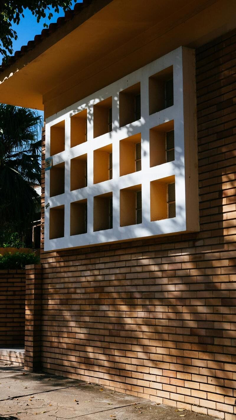 Fachada de una casa de tabique rojo que muestra una ventana con diseño de cuadros
